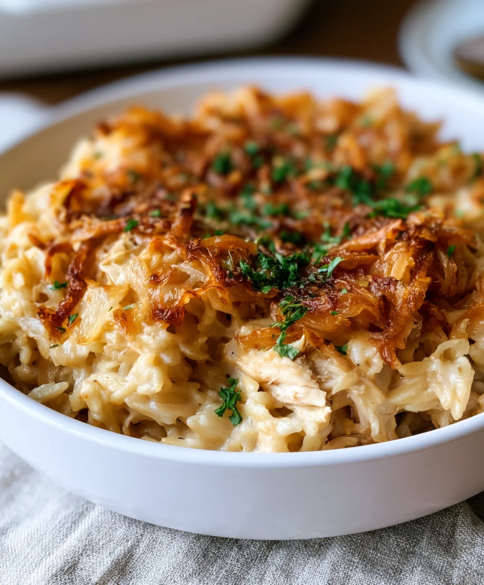 French Onion Chicken Orzo Casserole: Better Than Takeout!