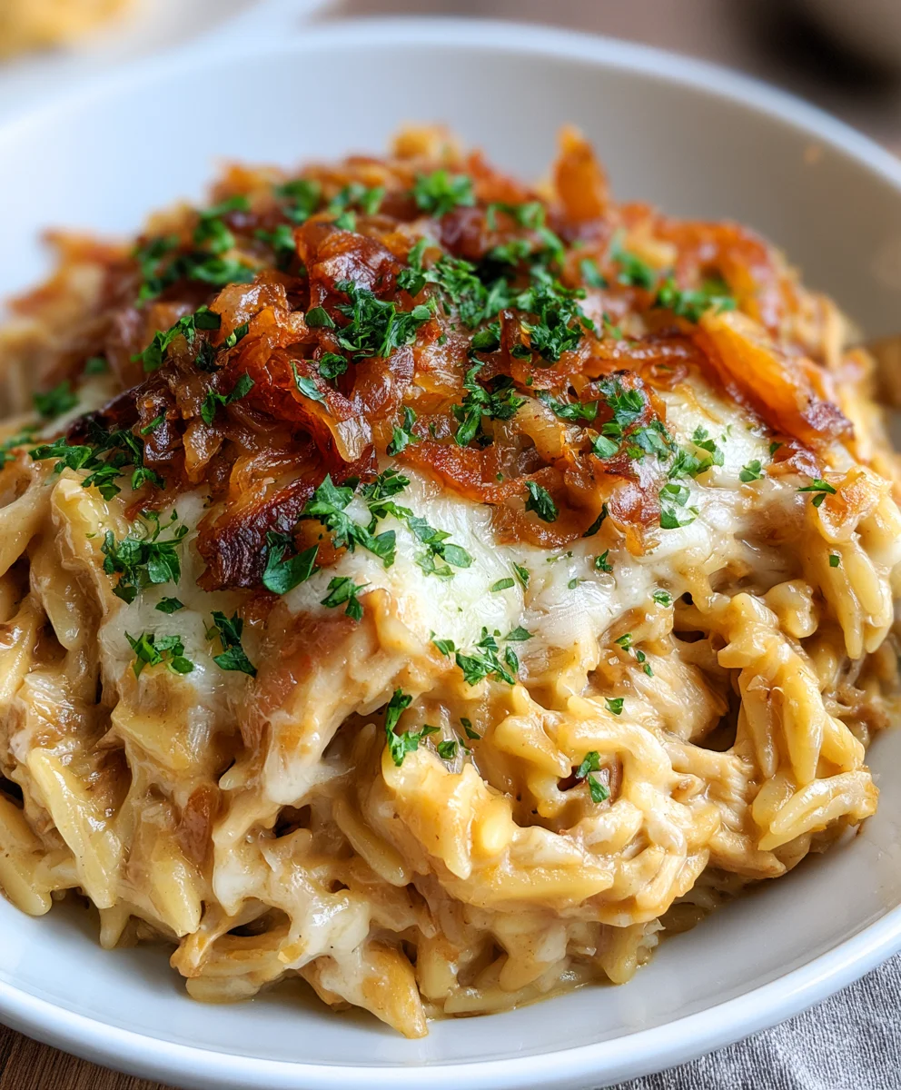 French Onion Chicken Orzo Casserole