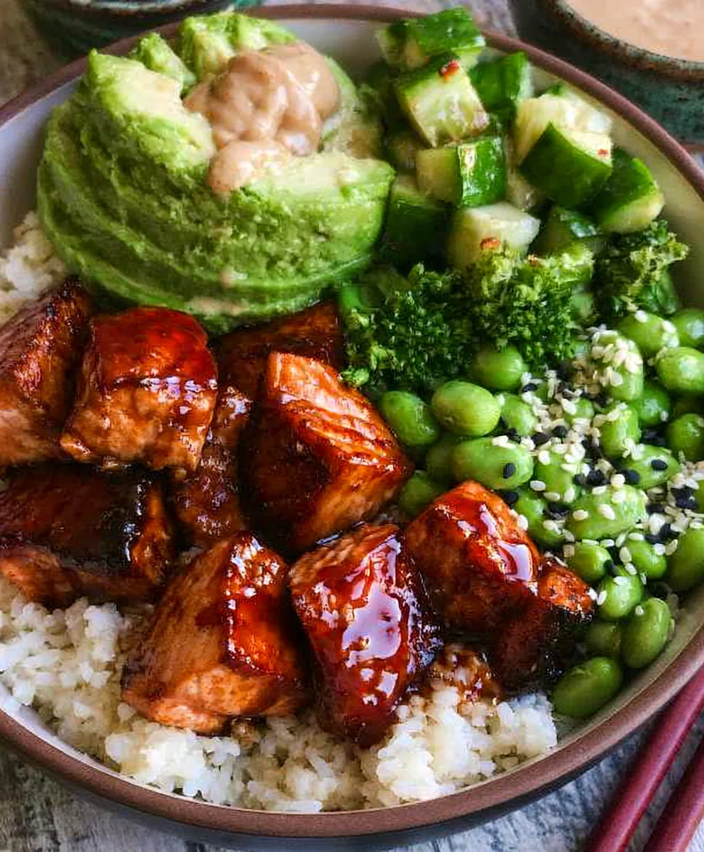 Air Fried Teriyaki Salmon Bites Rice Bowl - Better Than Takeout!